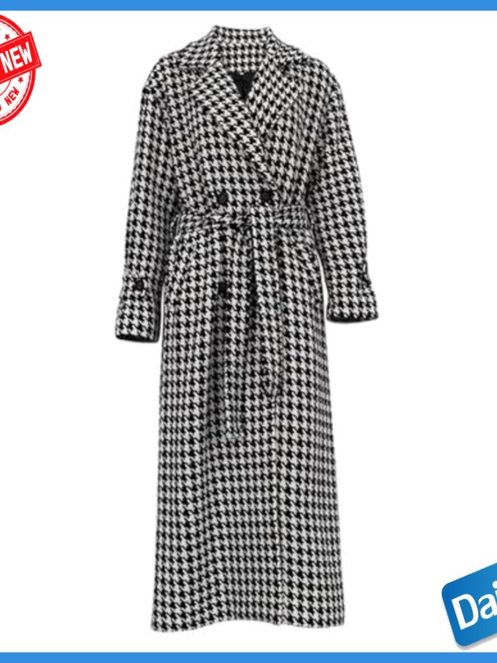 Women's Houndstooth Trench Coat Double Breasted Belted Long Overcoat - Picture 6 of 6